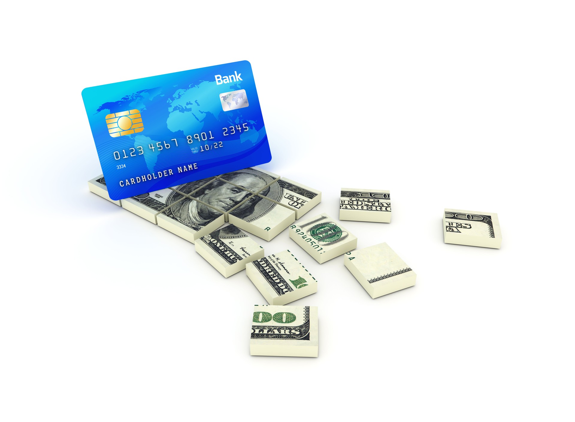 Credit Card with Dollar Bill Blocks - 3D Rendering