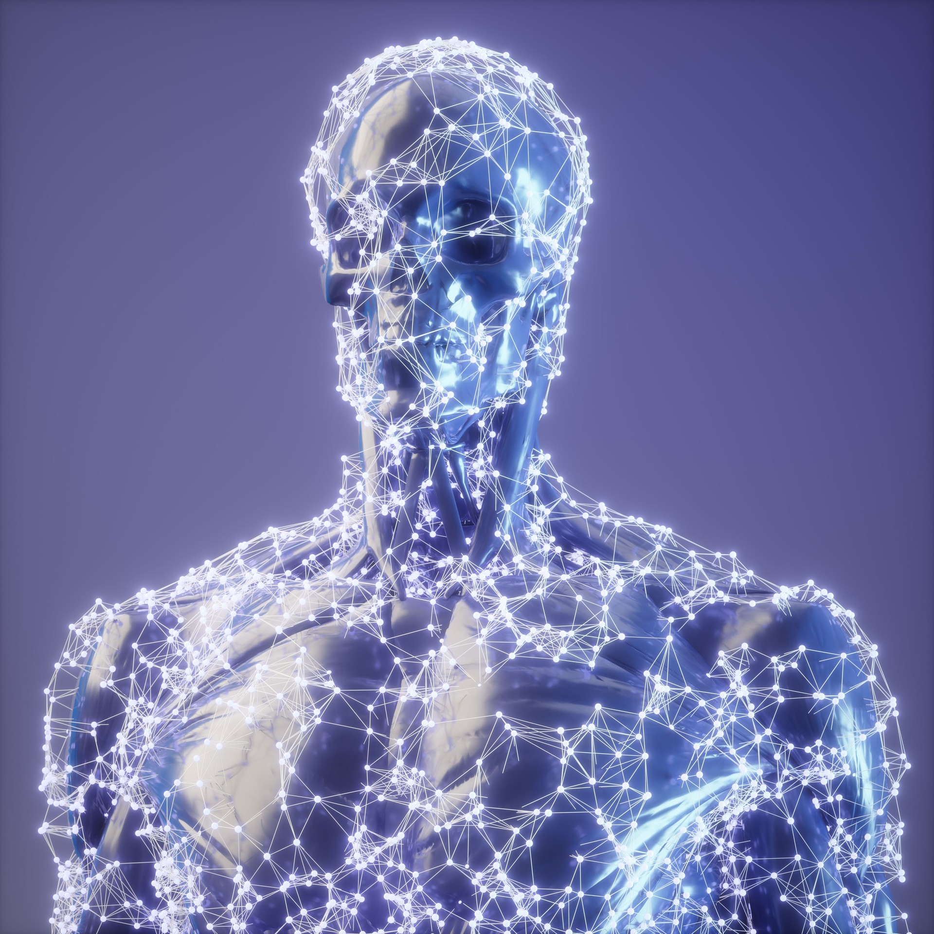 Deep Learning And Artificial Intelligence Concept. Man Portrait With Lines And Dots Forming Plexus.
